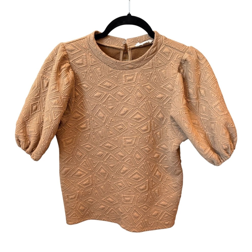 THML Quilted Top Womens Tan Geometric Puff Sleeve Boho Chic XS